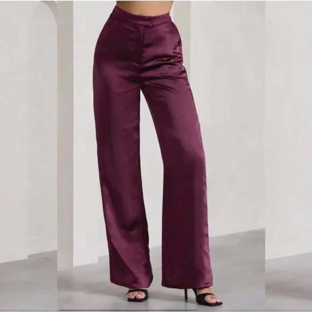 Rachel Zoe Size 2 Burgundy Satin Wide Leg Trousers Pants w/Rhinestone Trim NWT